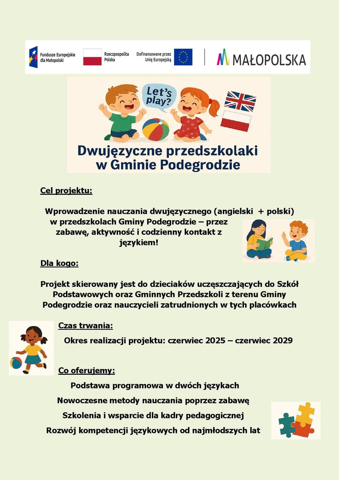 Rekrutacja do projektu ,,Let's play! Dwujęzyczne przedszkolaki w Gminie Podegrodzie.